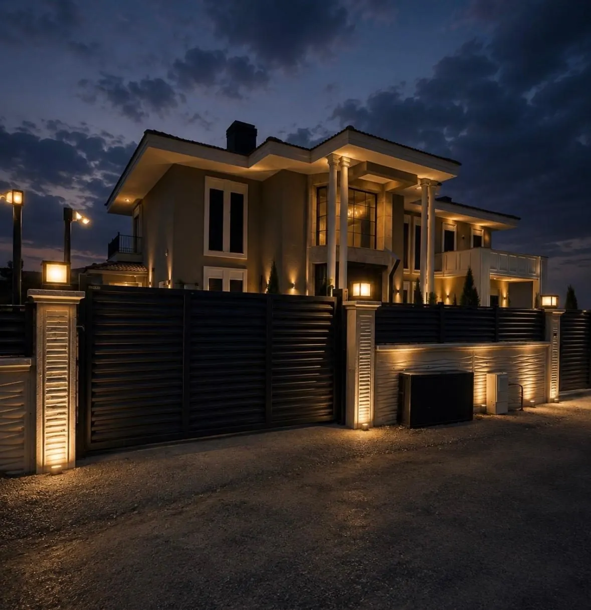 Gece aydınlatmasıyla villa girişinde bahçe çiti ve kapı